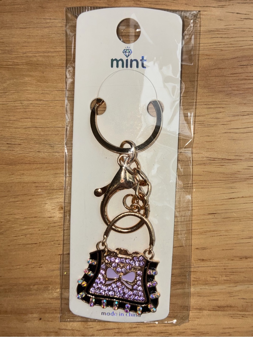 Rhinestone Handbag Keychain – Sparkly Purple Purse Charm with Gold Ring & Clip